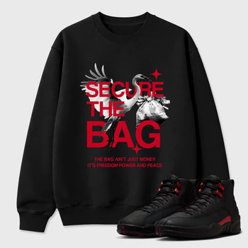 Secure The Bag Graphic T-Shirt sneaker match tee designed for the Air Jordan 12 Retro Bloodline, featuring coordinated color options for a perfect streetwear match. Black 1 shirt.