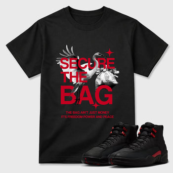 Secure The Bag Graphic T-Shirt sneaker match tee designed for the Air Jordan 12 Retro Bloodline, featuring coordinated color options for a perfect streetwear match. Black 1 shirt.