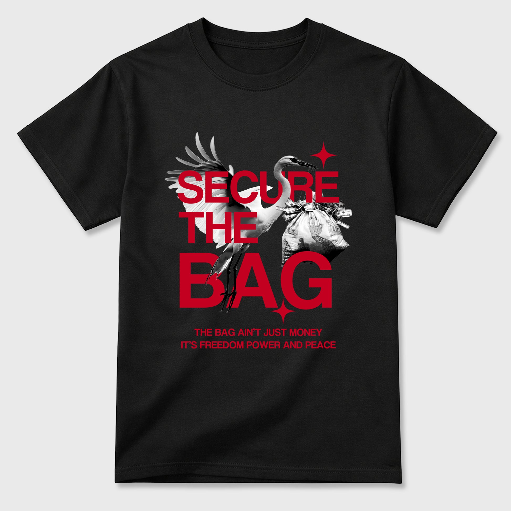 Secure The Bag Graphic T-Shirt sneaker match tee designed for the Air Jordan 12 Retro Bloodline, featuring coordinated color options for a perfect streetwear match. Black 2 shirt.