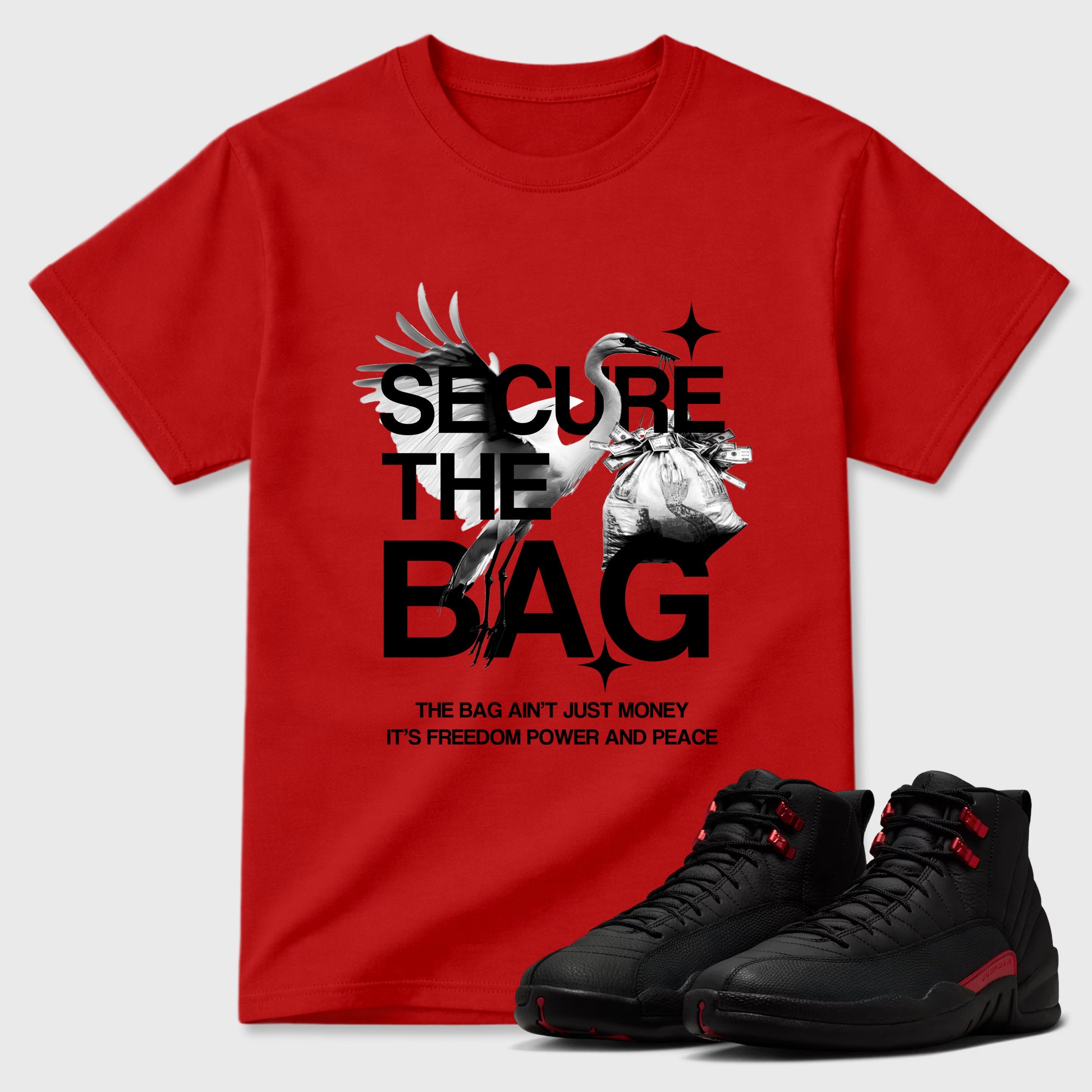 Secure The Bag Graphic T-Shirt sneaker match tee designed for the Air Jordan 12 Retro Bloodline, featuring coordinated color options for a perfect streetwear match. Red 1 shirt.