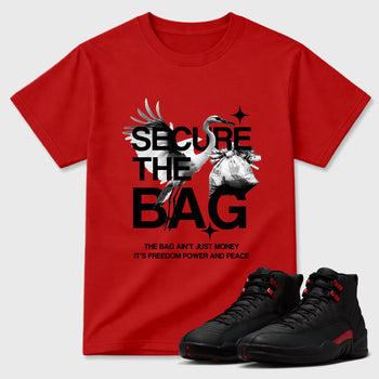 Secure The Bag Graphic T-Shirt sneaker match tee designed for the Air Jordan 12 Retro Bloodline, featuring coordinated color options for a perfect streetwear match. Red 1 shirt.