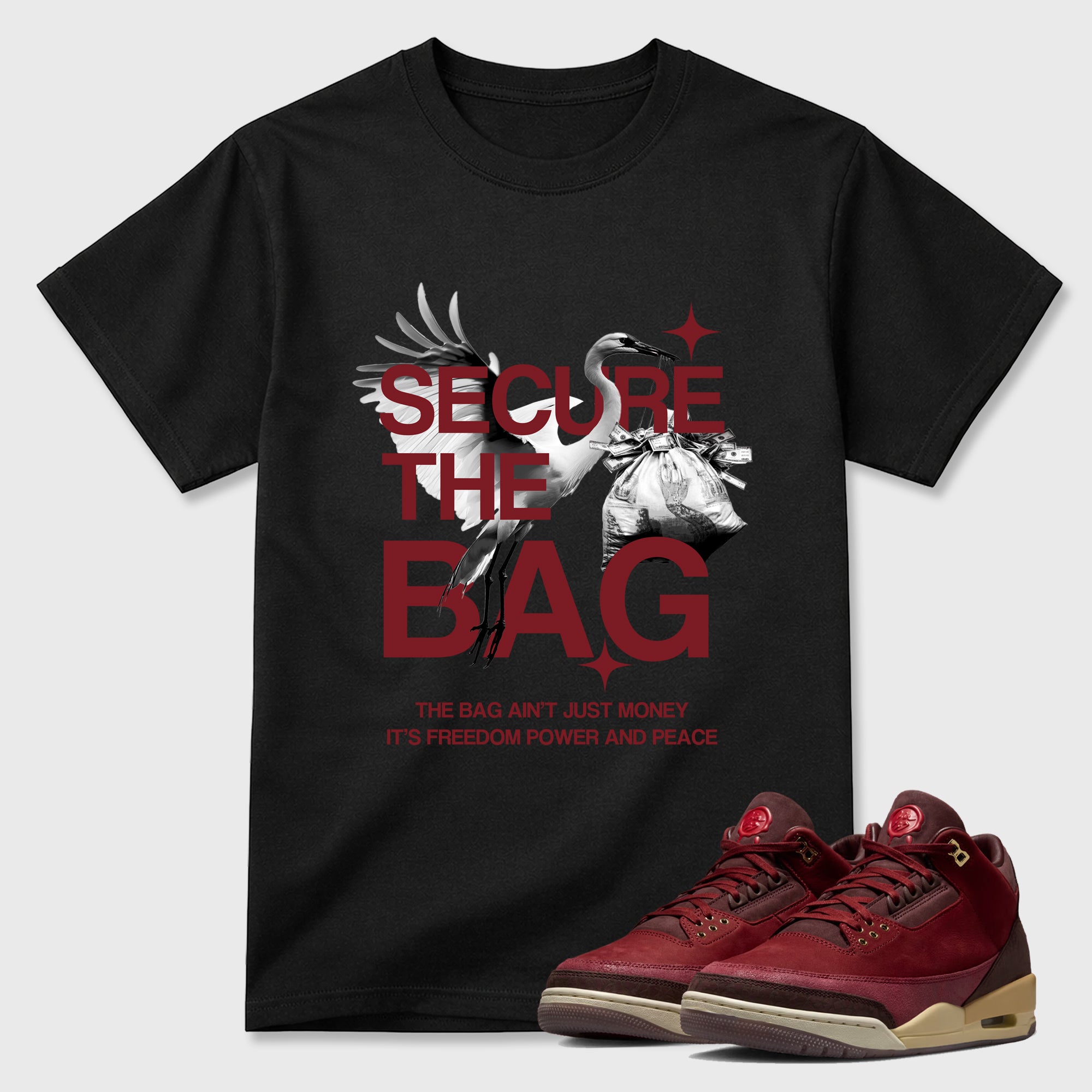 Secure The Bag Graphic T-Shirt sneaker match tee designed for the Air Jordan 3 Bin 23, featuring coordinated color options for a perfect streetwear match. Black 1 shirt.