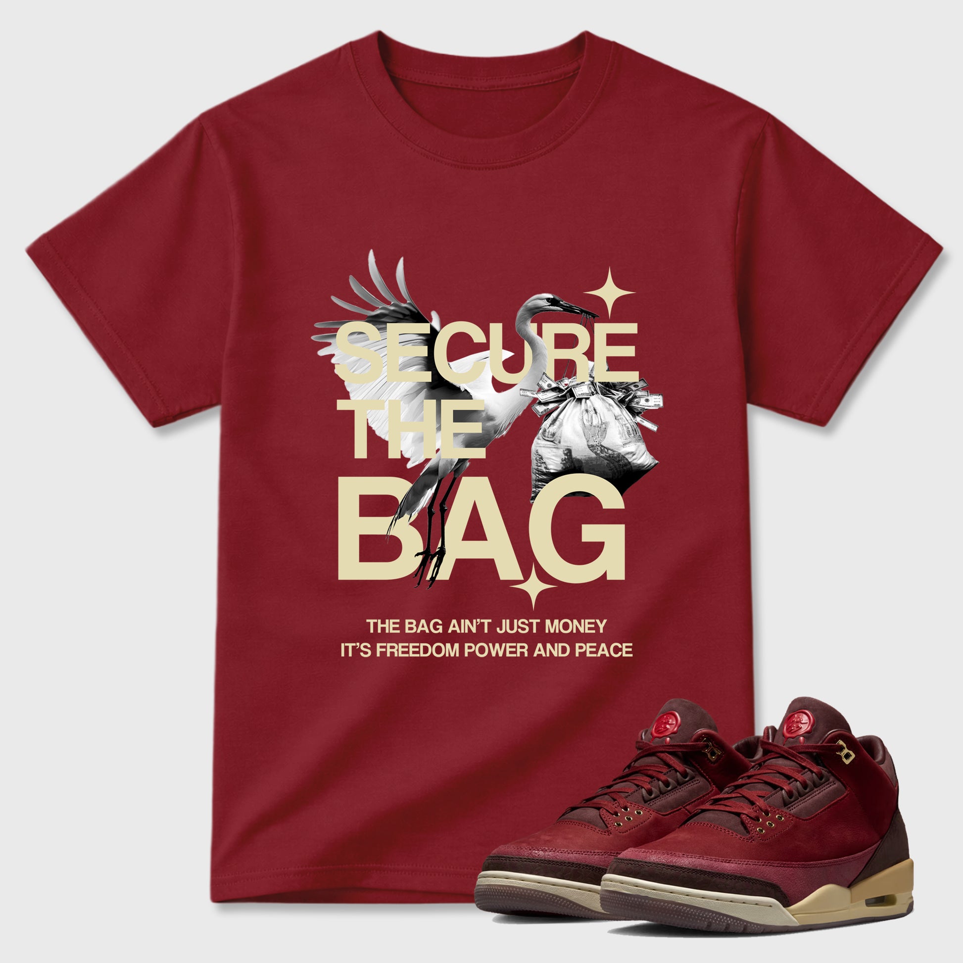 Secure The Bag Graphic T-Shirt sneaker match tee designed for the Air Jordan 3 Bin 23, featuring coordinated color options for a perfect streetwear match. Cardinal 1 shirt.