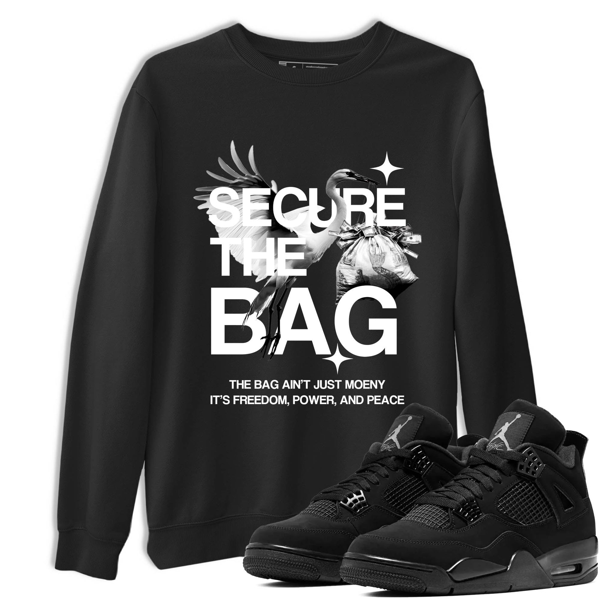 Sneaker Threads – Sneaker Tees To Match Air Jordan 4 Black Cat – Secure The Bag Graphic Tee Black 1. Perfect for Jordan releases 2025 colorways.