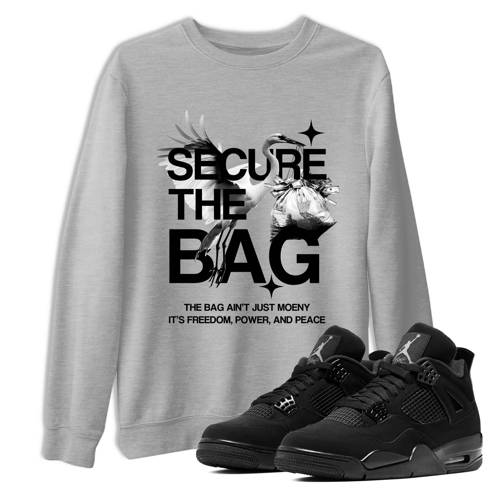 Sneaker match tees – Sneaker Tees To Match Air Jordan 4 Black Cat Shoes – Secure The Bag Tee Heather Grey 1