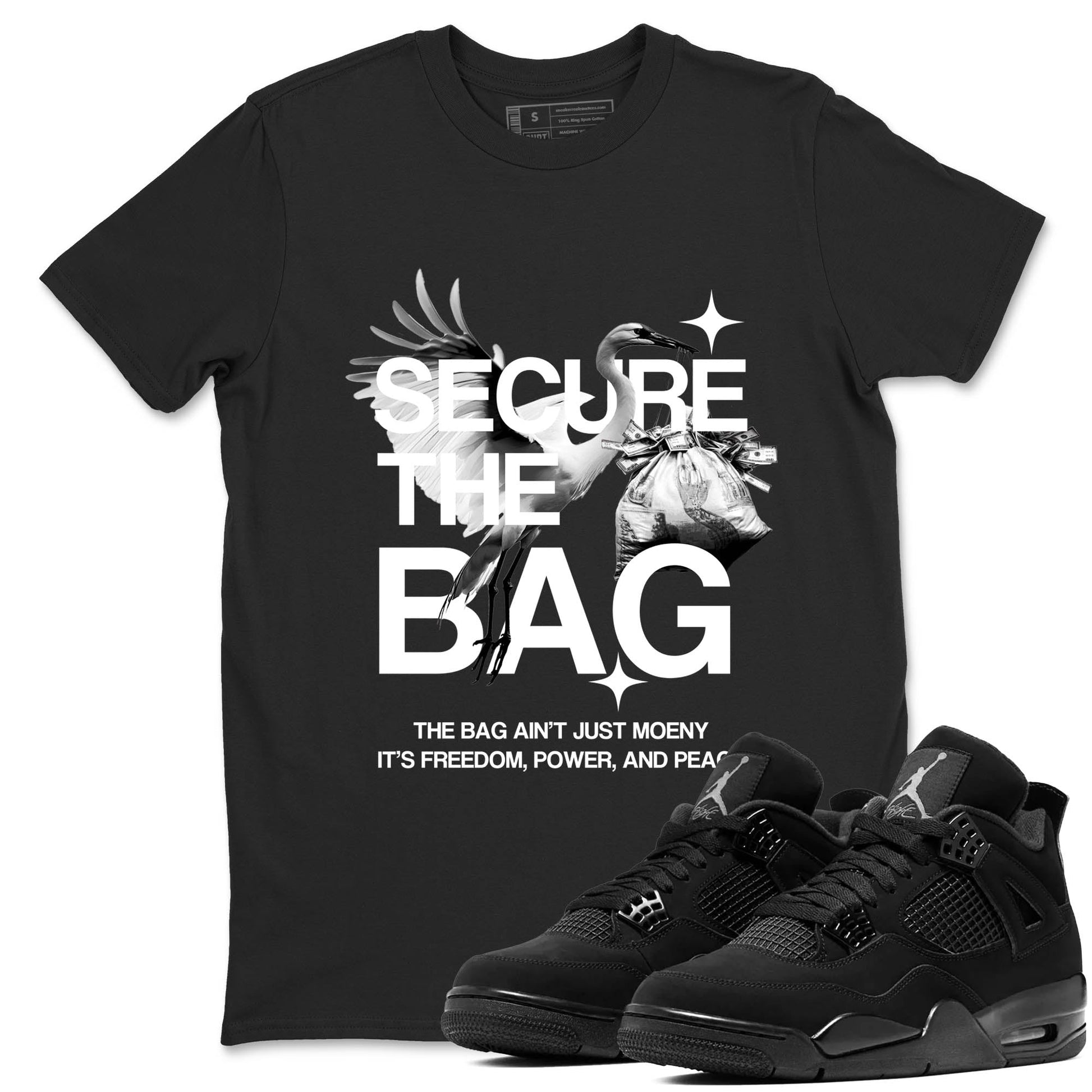 Sneaker Threads – Sneaker Tees To Match Air Jordan 4 Black Cat – Secure The Bag Graphic Tee Black 1. Perfect for Jordan releases 2025 colorways.