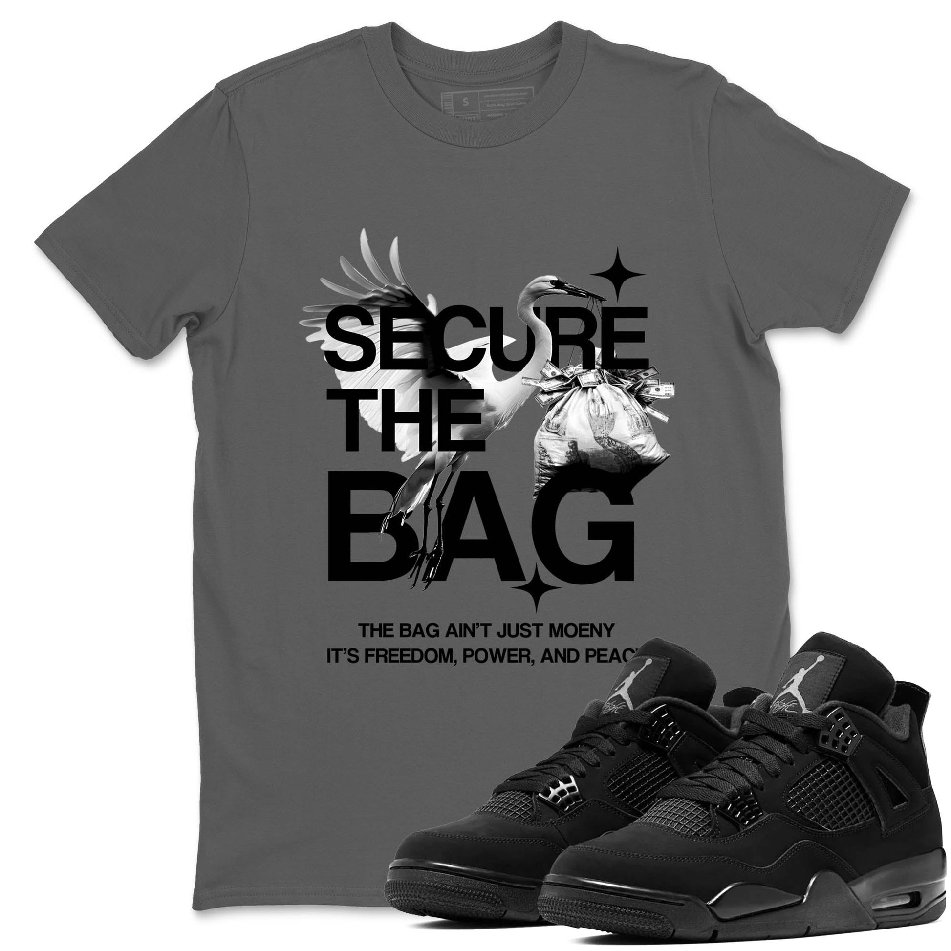 Sneaker Threads – Sneaker Tees To Match Air Jordan 4 Black Cat – Secure The Bag Graphic Tee Cool Grey 1. Perfect for Jordan releases 2025 colorways.