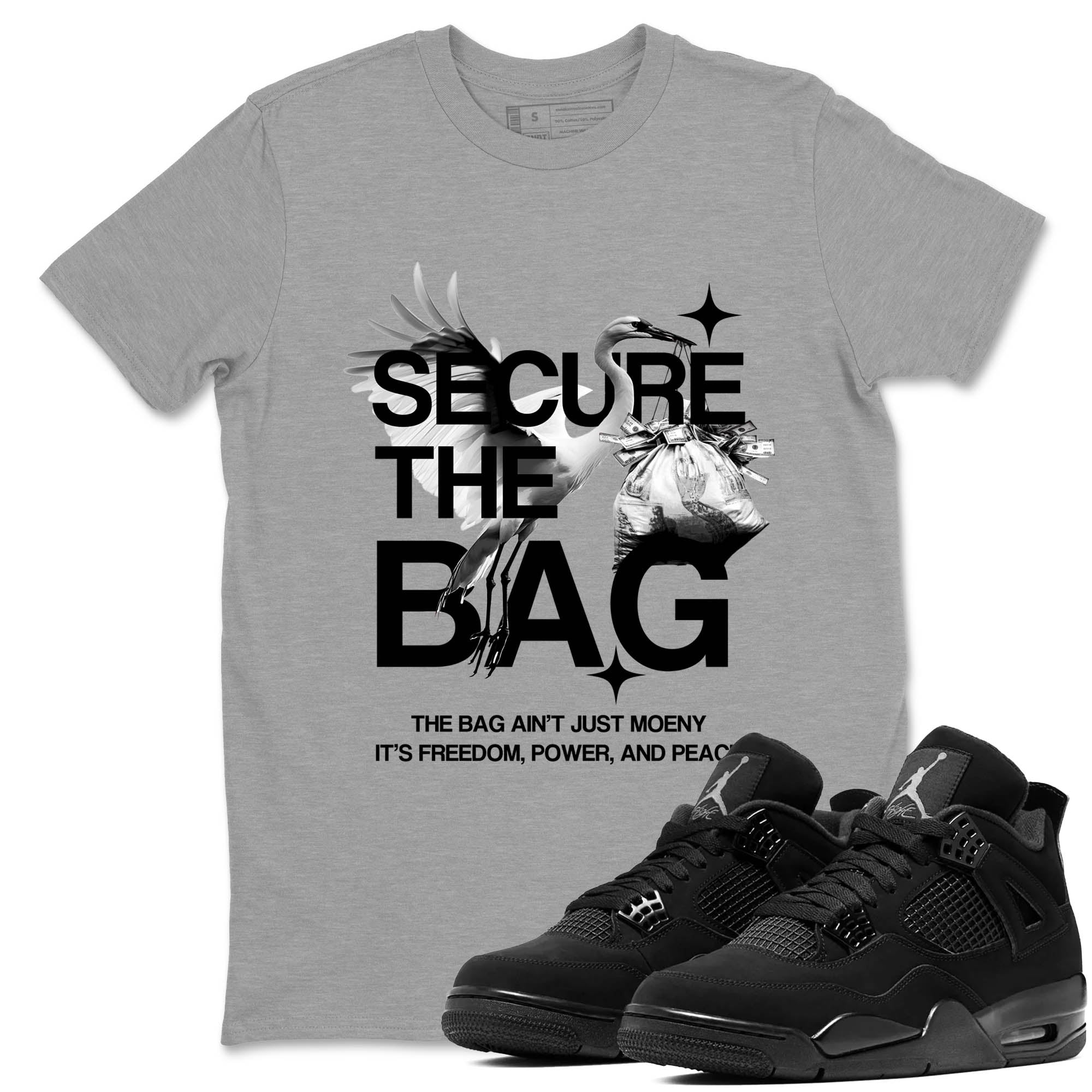Sneaker match tees – Sneaker Tees To Match Air Jordan 4 Black Cat Shoes – Secure The Bag Tee Heather Grey 1