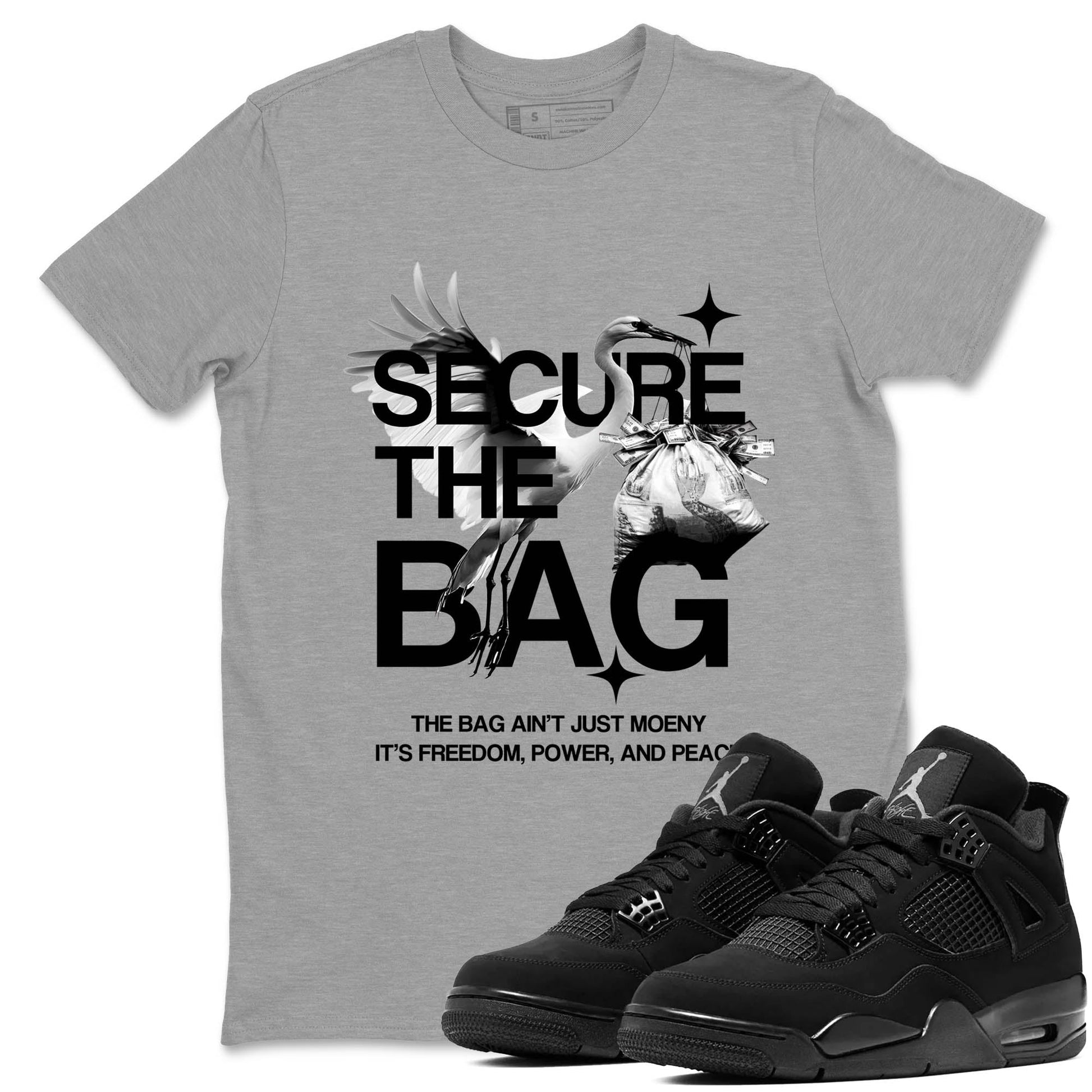 Sneaker match tees – Sneaker Tees To Match Air Jordan 4 Black Cat Shoes – Secure The Bag Tee Heather Grey 1