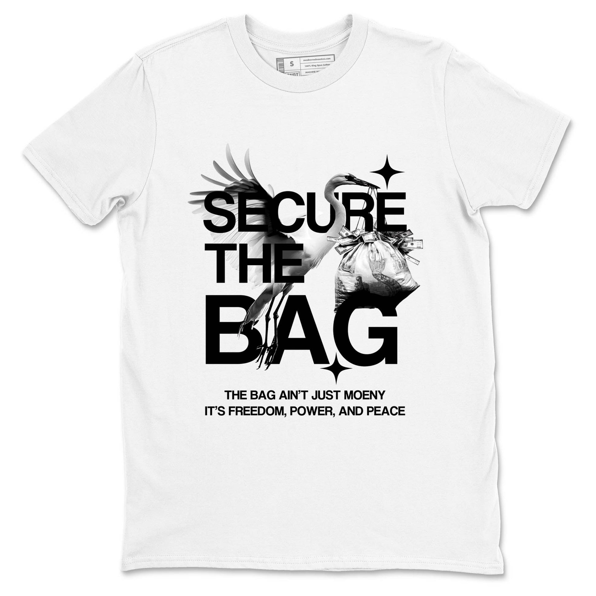 Sneaker Threads – Sneaker Tees To Match Air Jordan 4 Black Cat – Secure The Bag Graphic Tee White 2. Perfect for Jordan releases 2025 colorways.
