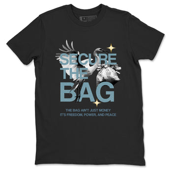Black t-shirt with graphic design and text on a white background