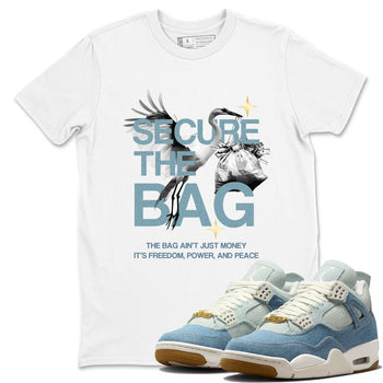 White t-shirt with graphic design and blue sneakers on a white background