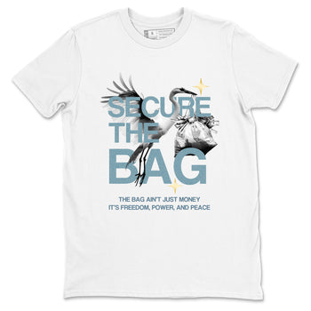 White t-shirt with graphic design and text 'Secure the Bag' on a white background
