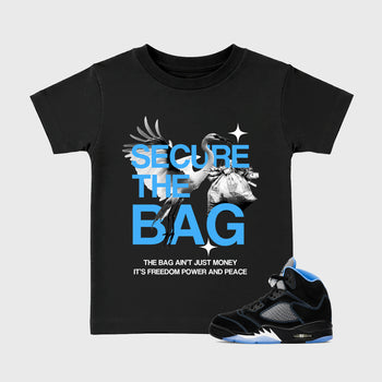 Secure The Bag affordable baby and kids t-shirt designed to match the Air Jordan 5 Black Carolina, featuring coordinated Black 1 options for the perfect little sneakerhead streetwear look.