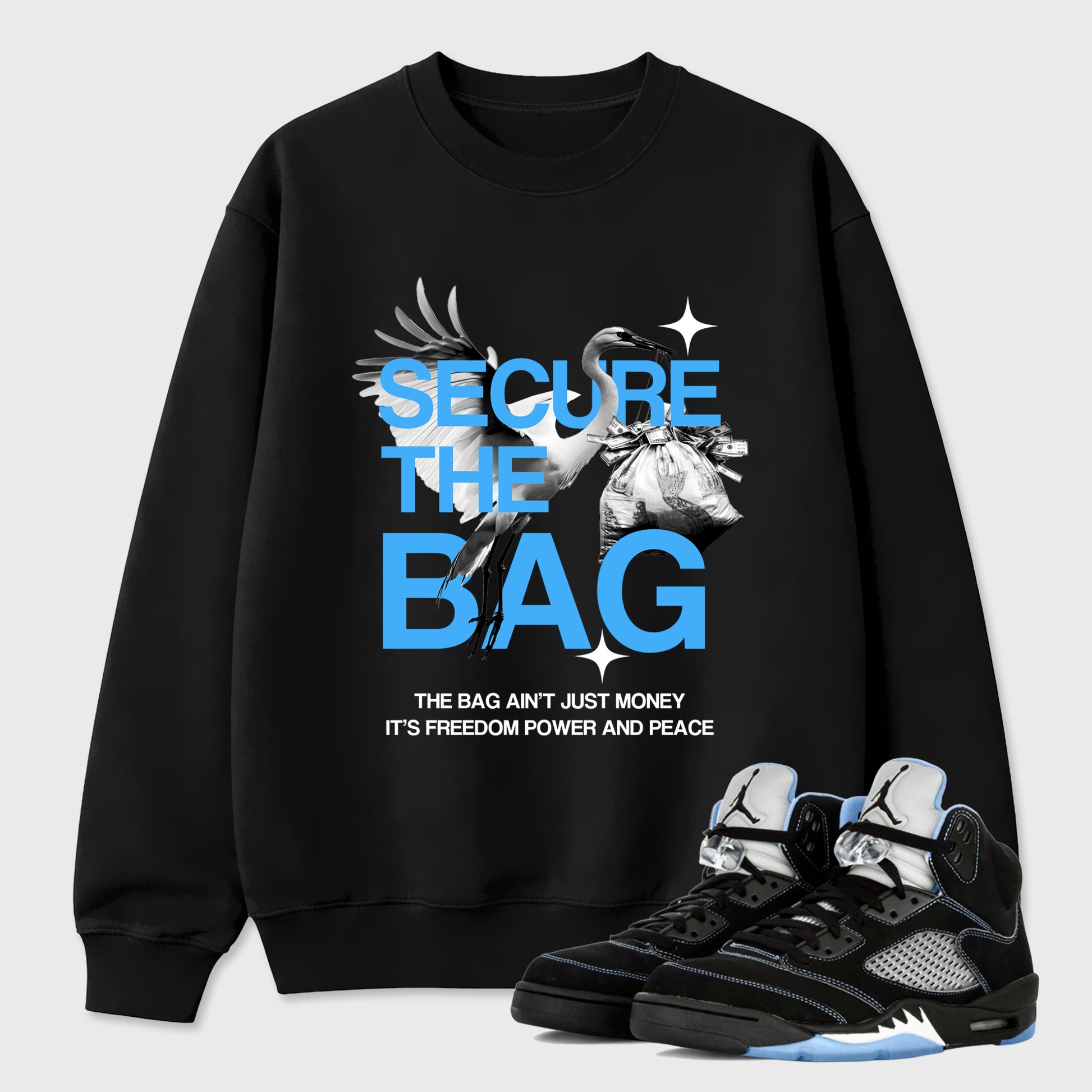 Secure The Bag Graphic T-Shirt sneaker match tee designed for the Air Jordan 5 Black Carolina, featuring coordinated color options for a perfect streetwear match. Black 1 shirt.