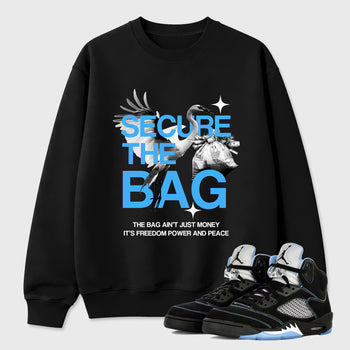 Secure The Bag Graphic T-Shirt sneaker match tee designed for the Air Jordan 5 Black Carolina, featuring coordinated color options for a perfect streetwear match. Black 1 shirt.