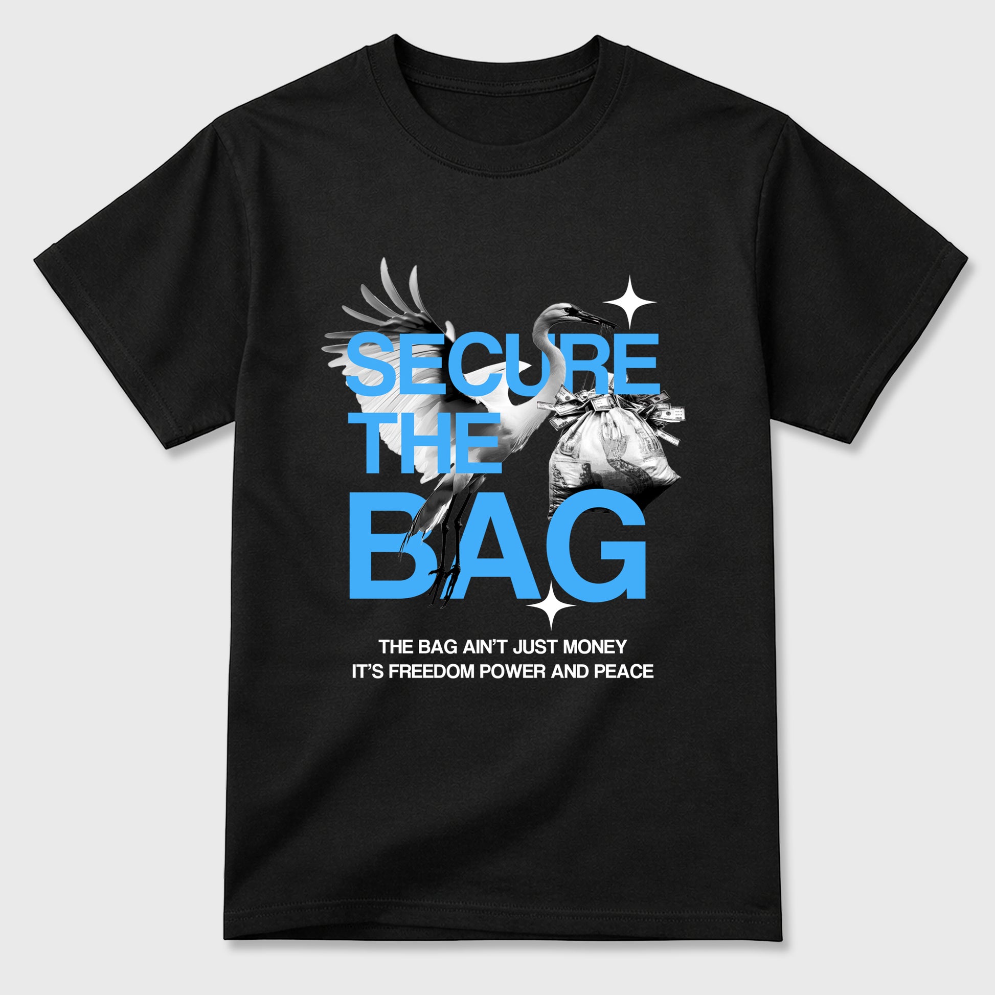 Secure The Bag Graphic T-Shirt sneaker match tee designed for the Air Jordan 5 Black Carolina, featuring coordinated color options for a perfect streetwear match. Black 2 shirt.