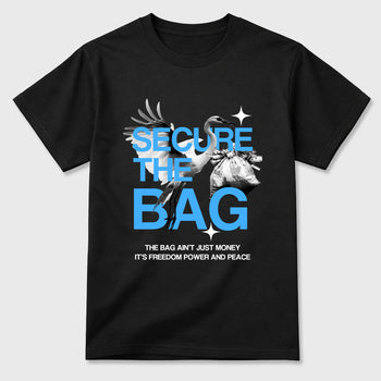 Secure The Bag Graphic T-Shirt sneaker match tee designed for the Air Jordan 5 Black Carolina, featuring coordinated color options for a perfect streetwear match. Black 2 shirt.