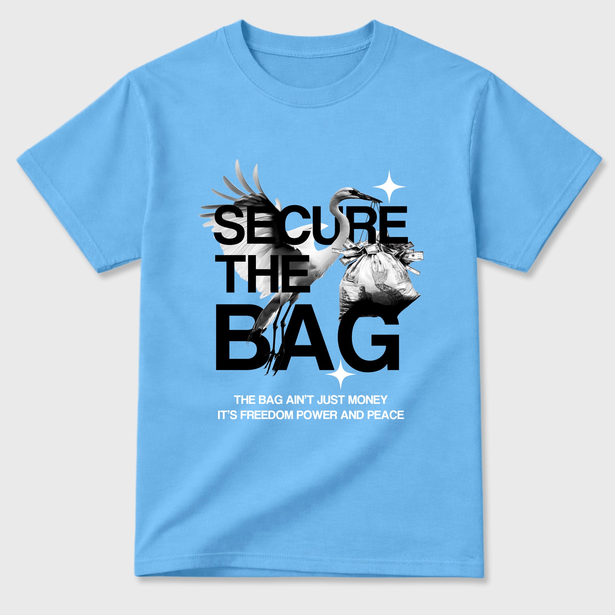 Secure The Bag Graphic T-Shirt sneaker match tee designed for the Air Jordan 5 Black Carolina, featuring coordinated color options for a perfect streetwear match. Carolina Blue 2 shirt.