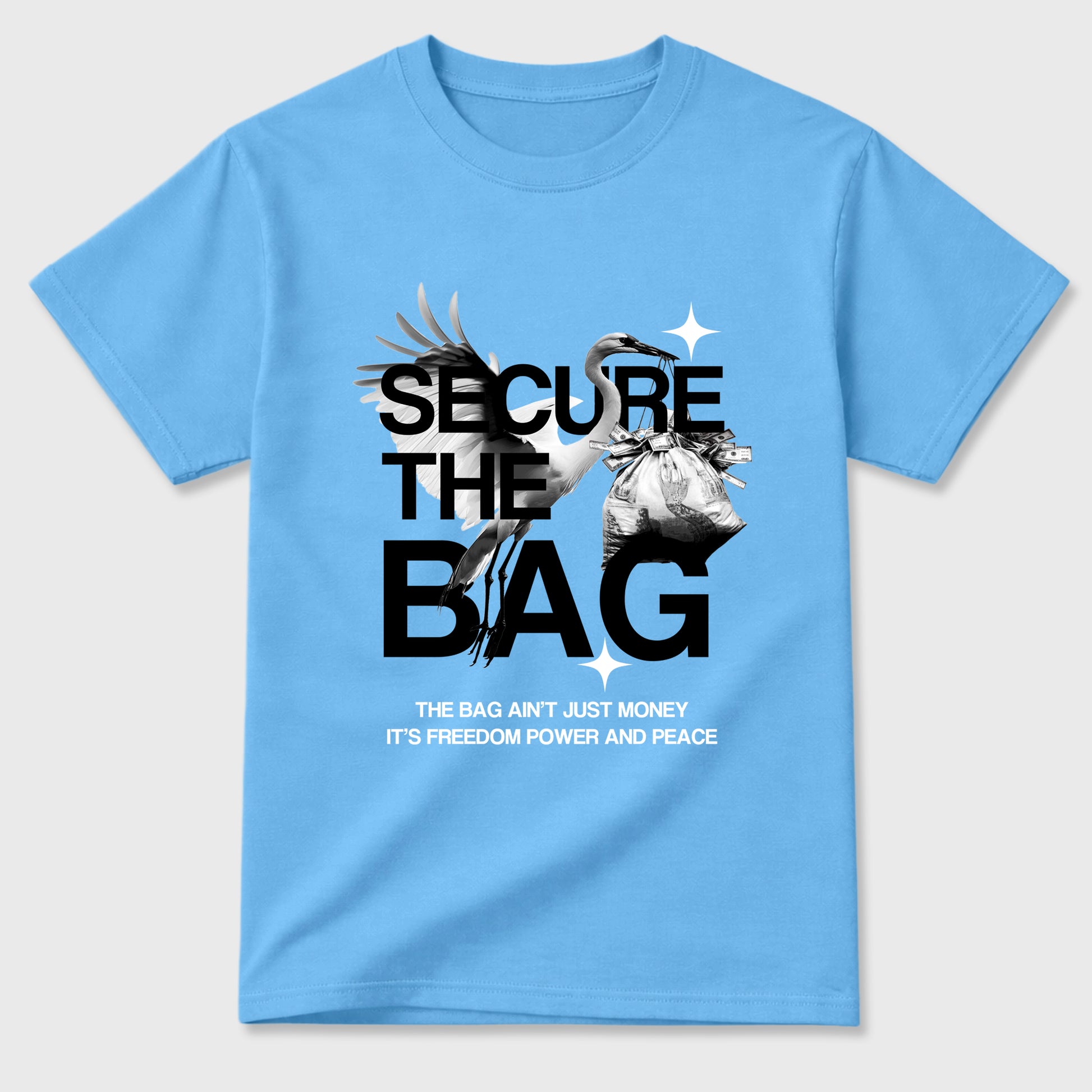 Secure The Bag Graphic T-Shirt sneaker match tee designed for the Air Jordan 5 Black Carolina, featuring coordinated color options for a perfect streetwear match. Carolina Blue 2 shirt.