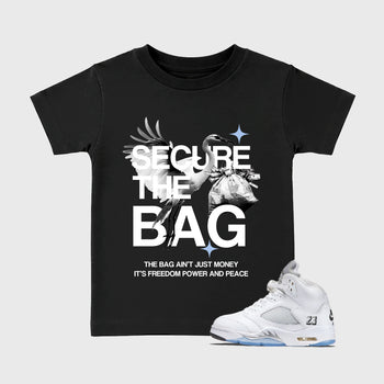 Sneaker match tees – Sneaker Tees To Match Air Jordan 5 White Metallic Shoes – Secure The Bag Kids T-Shirt Black 1