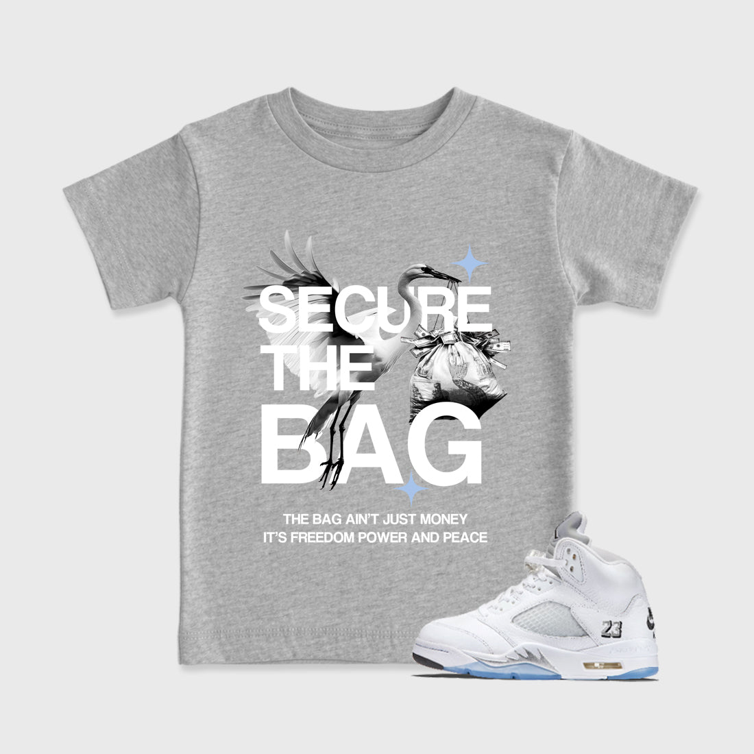 Sneaker match tees – Sneaker Tees To Match Air Jordan 5 White Metallic Shoes – Secure The Bag Kids T-Shirt Heather Grey 1