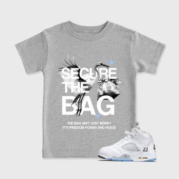Sneaker match tees – Sneaker Tees To Match Air Jordan 5 White Metallic Shoes – Secure The Bag Kids T-Shirt Heather Grey 1