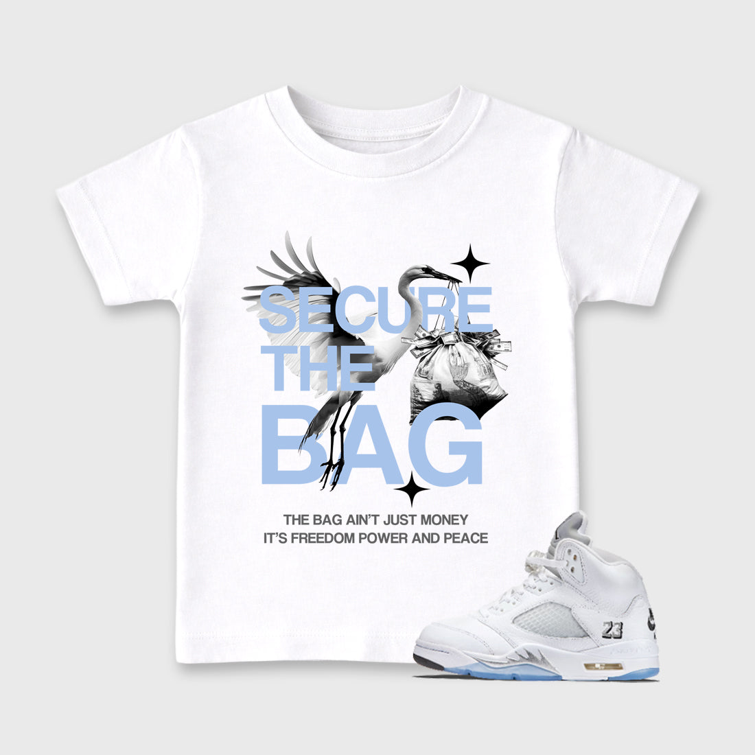 Sneaker match tees – Sneaker Tees To Match Air Jordan 5 White Metallic Shoes – Secure The Bag Kids T-Shirt White 1