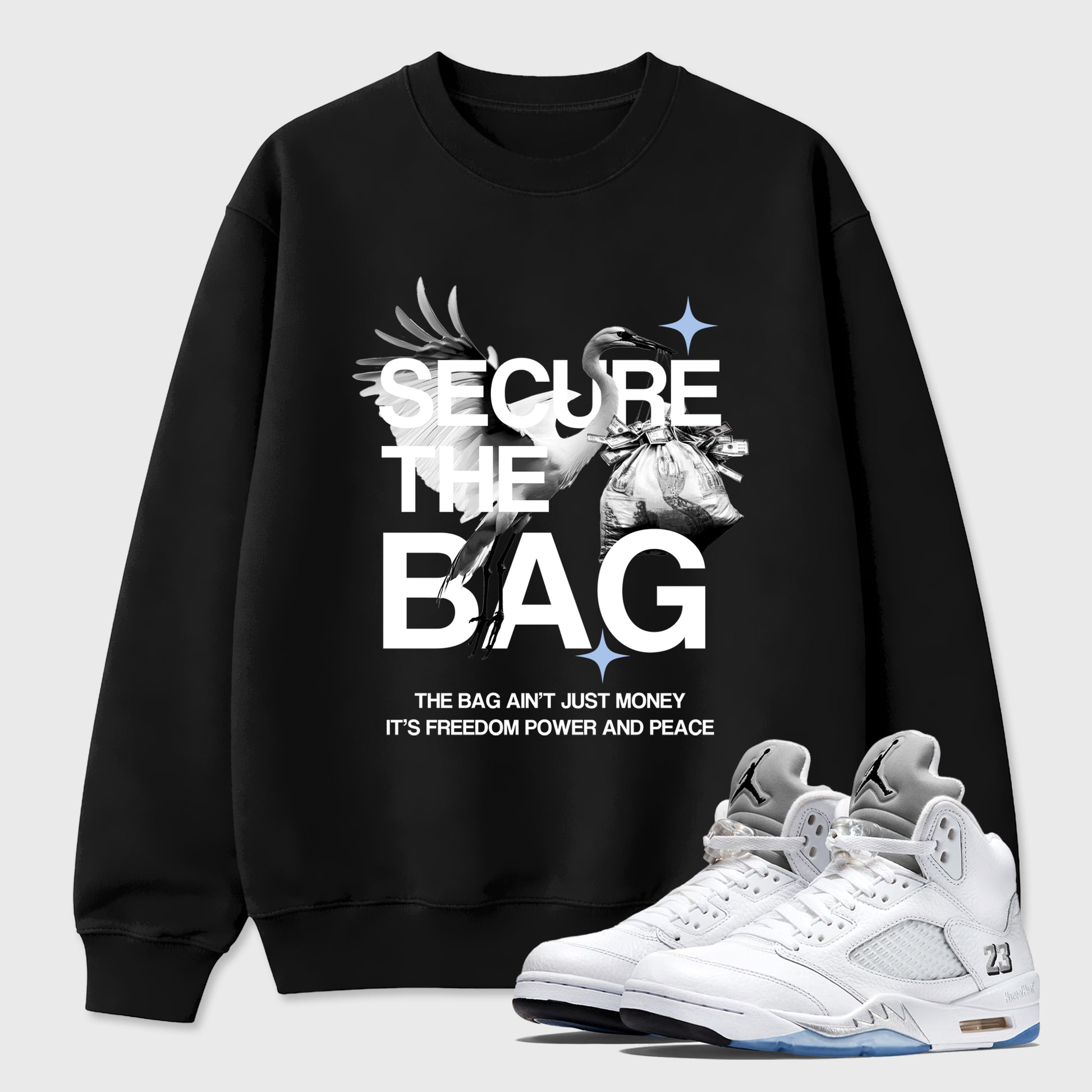 Sneaker match tees – Sneaker Tees To Match Air Jordan 5 White Metallic Shoes – Secure The Bag Tee Black 1