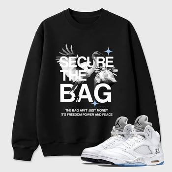 Sneaker match tees – Sneaker Tees To Match Air Jordan 5 White Metallic Shoes – Secure The Bag Tee Black 1