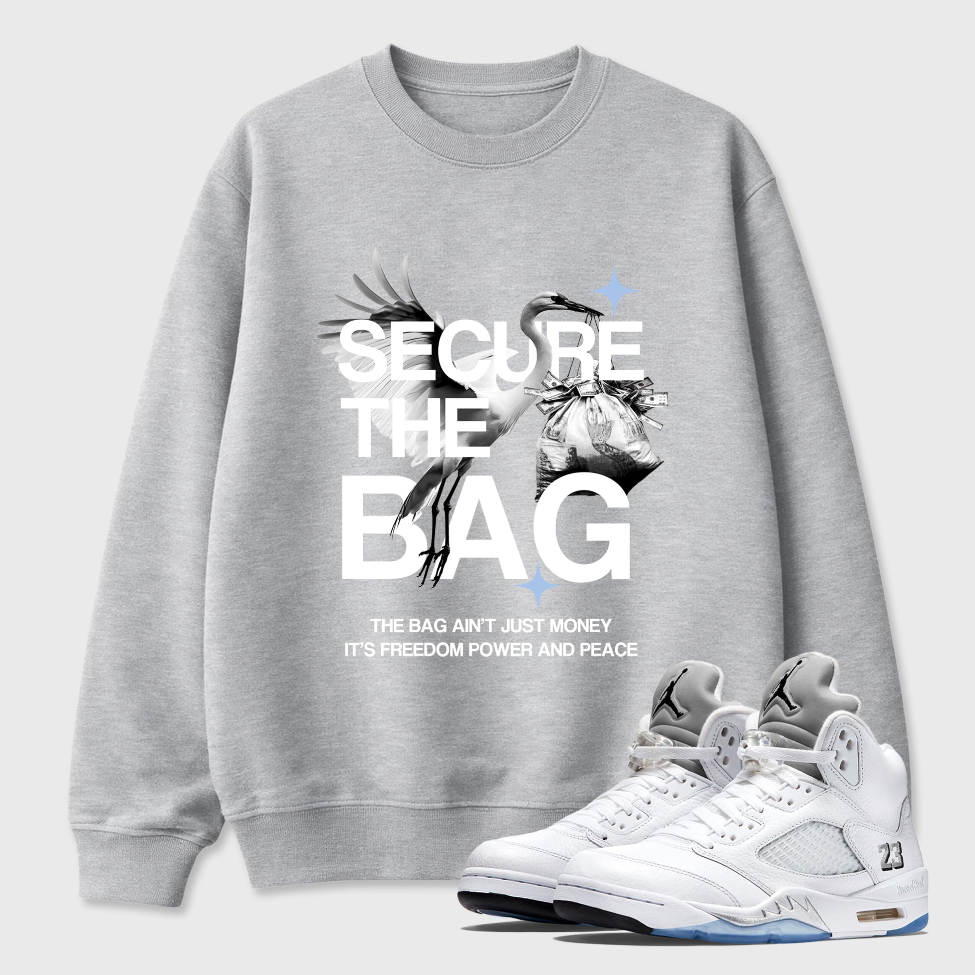 Sneaker match tees – Sneaker Tees To Match Air Jordan 5 White Metallic Shoes – Secure The Bag Tee Heather Grey 1