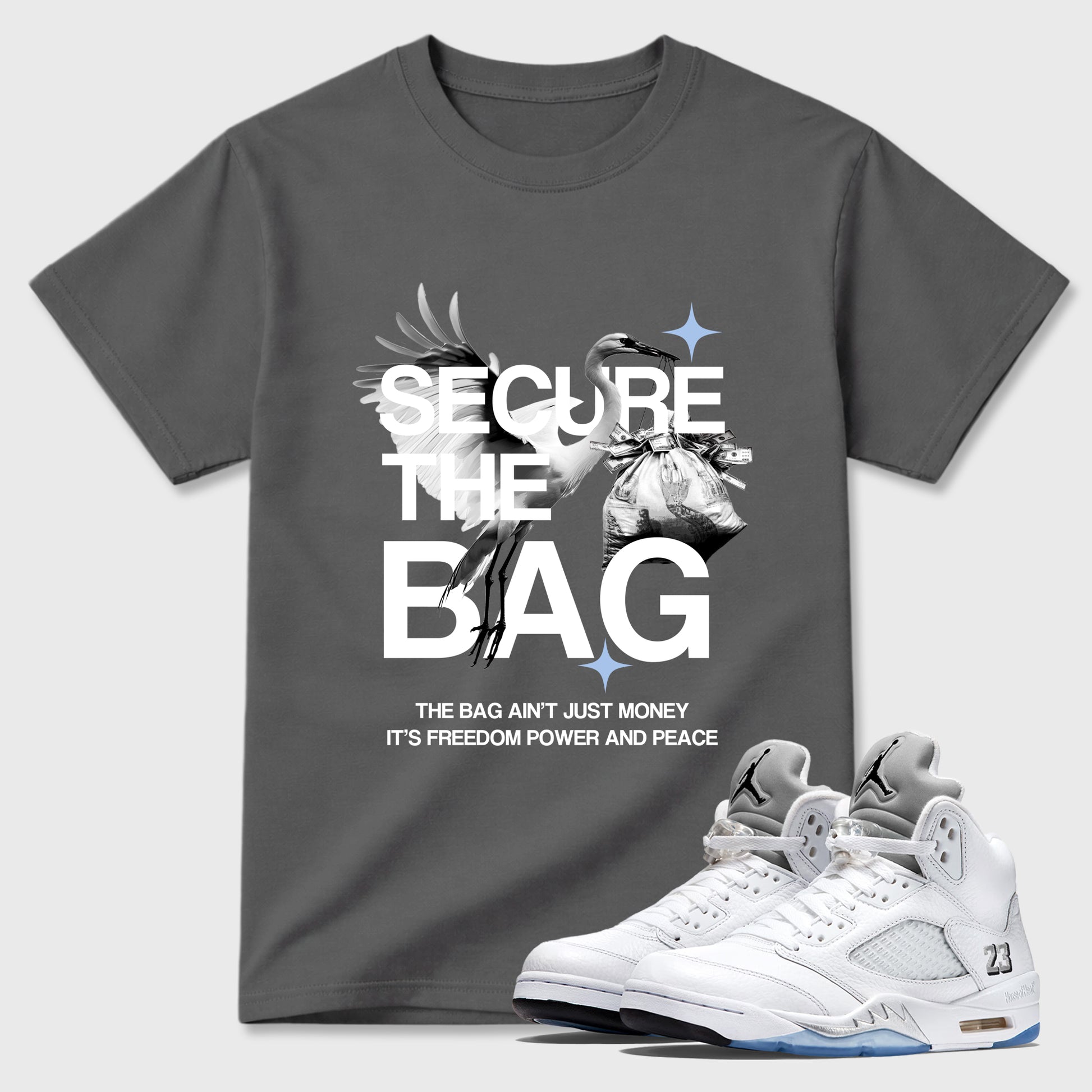 Sneaker match tees – Sneaker Tees To Match Air Jordan 5 White Metallic Shoes – Secure The Bag Tee Cool Grey 1