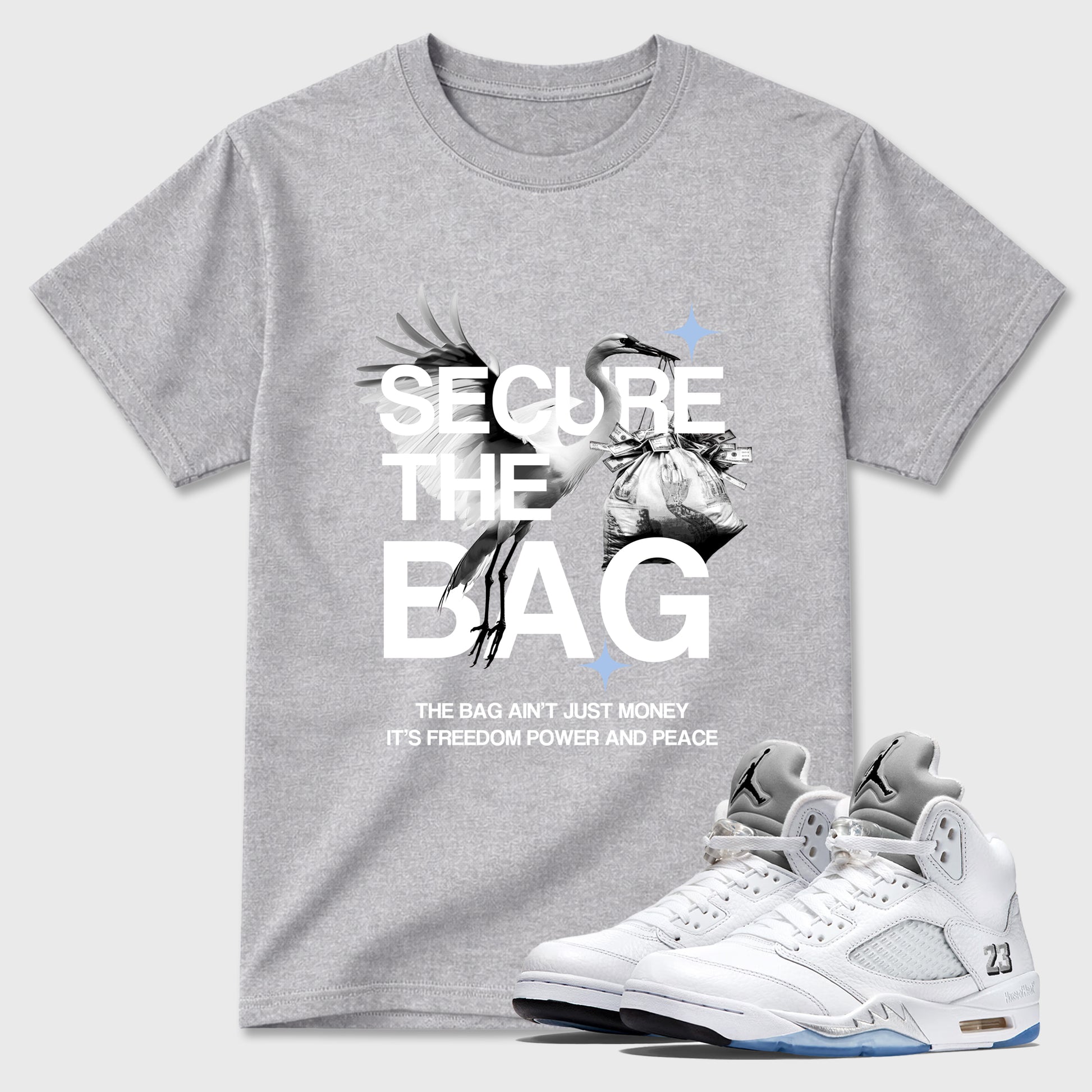 Sneaker match tees – Sneaker Tees To Match Air Jordan 5 White Metallic Shoes – Secure The Bag Tee Heather Grey 1