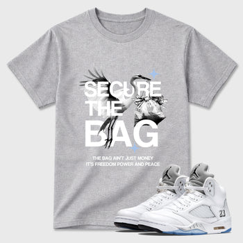 Sneaker match tees – Sneaker Tees To Match Air Jordan 5 White Metallic Shoes – Secure The Bag Tee Heather Grey 1