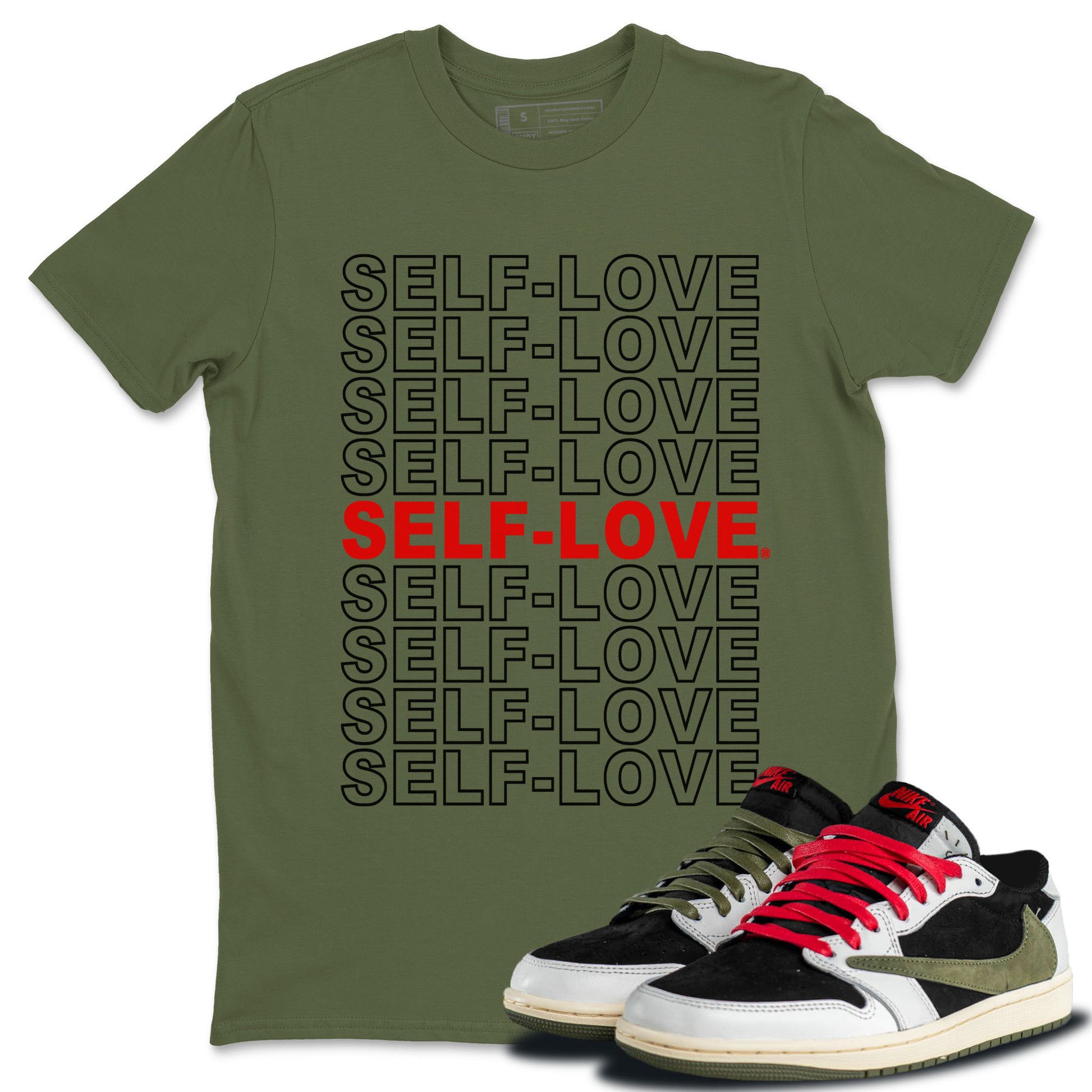 Self Love Unisex Adult Tops - Air Jordan 1 Travis Scott Olive - SNRT Sneaker T-shirts
