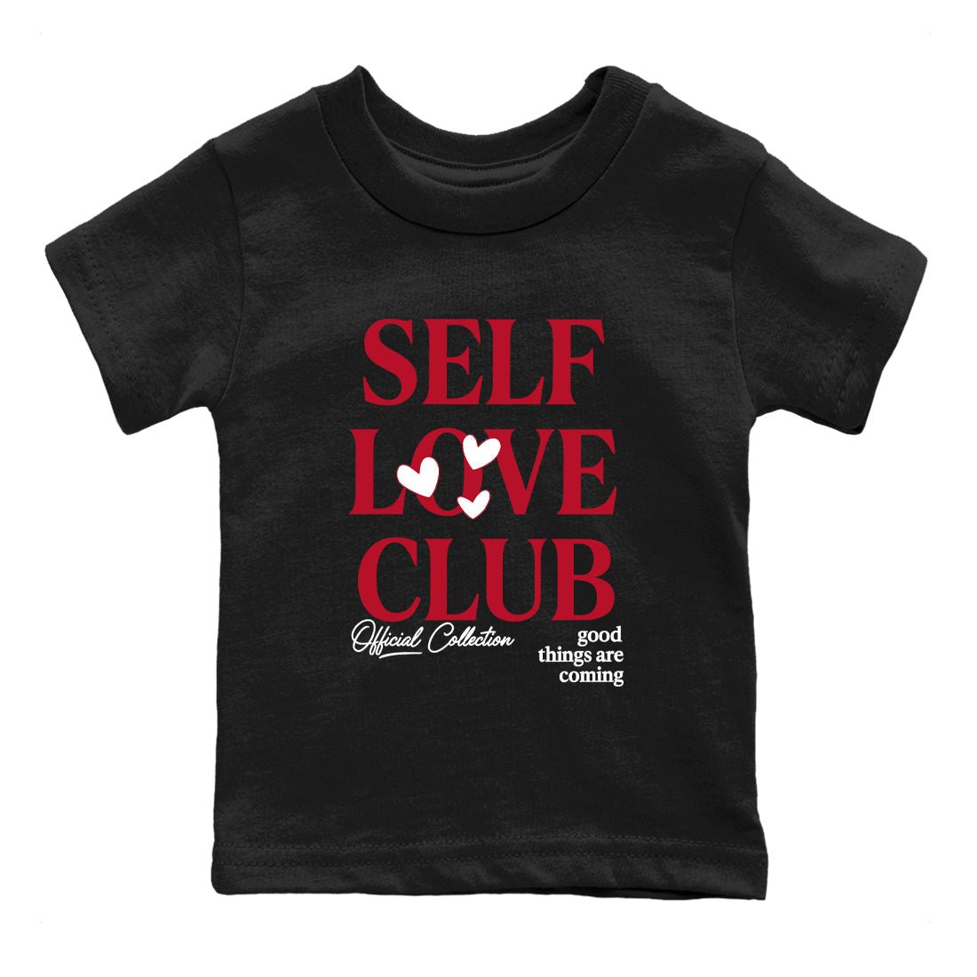 Self Love Club baby and kids t-shirt crafted for little sneakerheads to shine with the Air Jordan 1 Ruby sneakers, displayed in Black 2.