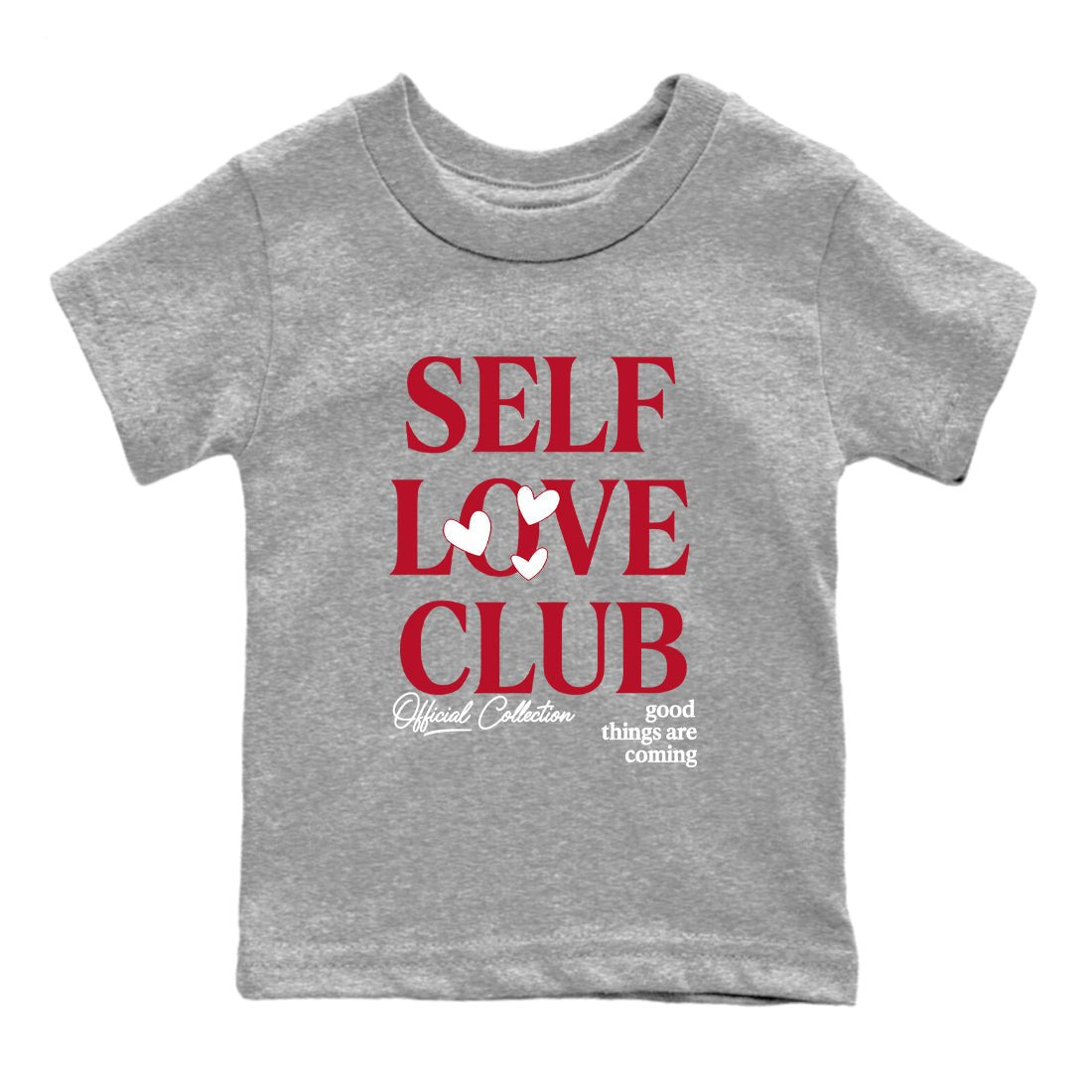 Self Love Club baby and kids t-shirt crafted for little sneakerheads to shine with the Air Jordan 1 Ruby sneakers, displayed in Heather Grey 2.