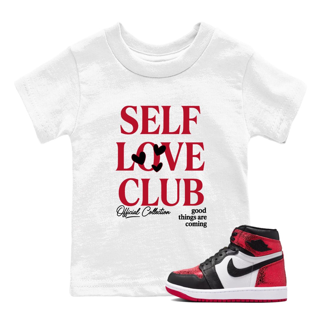 Self Love Club baby and kids t-shirt crafted for little sneakerheads to shine with the Air Jordan 1 Ruby sneakers, displayed in White 1.