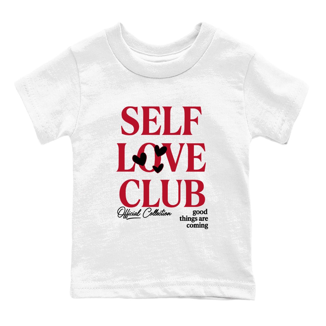 Self Love Club baby and kids t-shirt crafted for little sneakerheads to shine with the Air Jordan 1 Ruby sneakers, displayed in White 2.