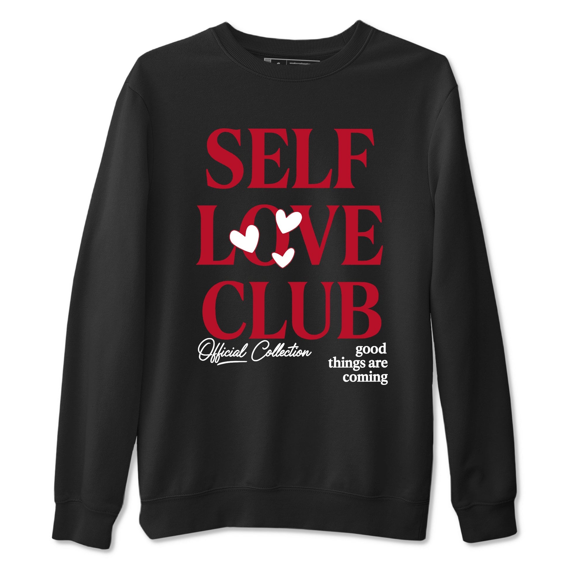 Self Love Club sneaker match t-shirt styled to complete your fit with the Air Jordan 1 Ruby sneakers, shown in Black 2.