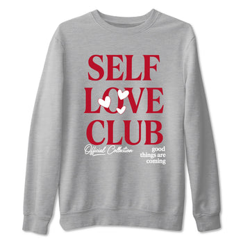 Self Love Club sneaker match t-shirt styled to complete your fit with the Air Jordan 1 Ruby sneakers, shown in Heather Grey 2.