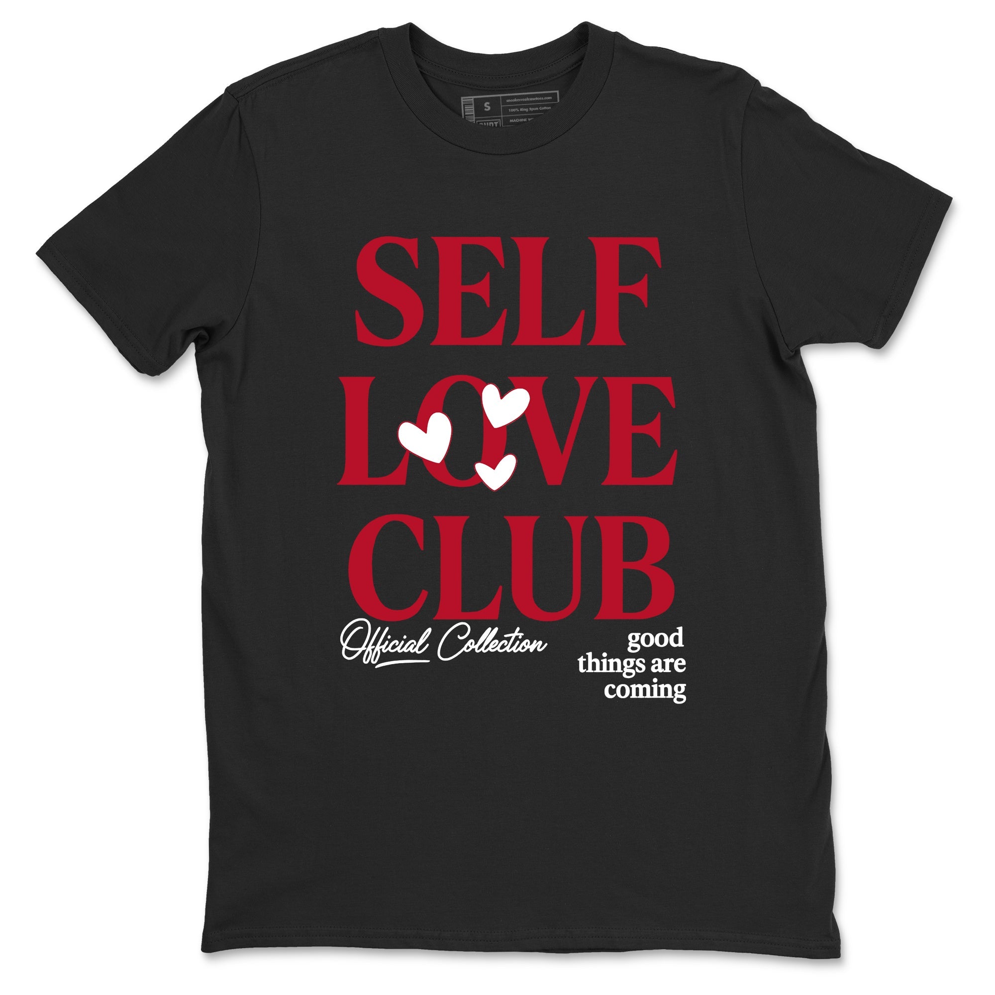 Self Love Club sneaker match t-shirt styled to complete your fit with the Air Jordan 1 Ruby sneakers, shown in Black 2.