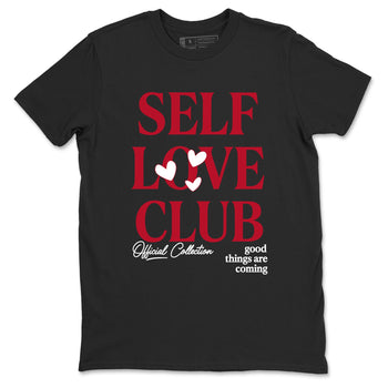 Self Love Club sneaker match t-shirt styled to complete your fit with the Air Jordan 1 Ruby sneakers, shown in Black 2.