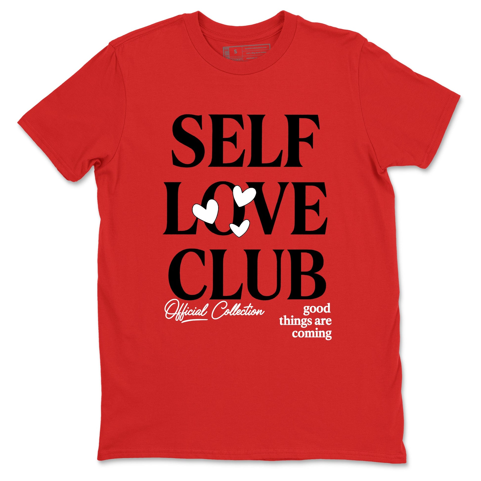 Self Love Club sneaker match t-shirt styled to complete your fit with the Air Jordan 1 Ruby sneakers, shown in Red 2.