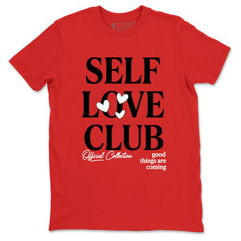 Self Love Club sneaker match t-shirt styled to complete your fit with the Air Jordan 1 Ruby sneakers, shown in Red 2.