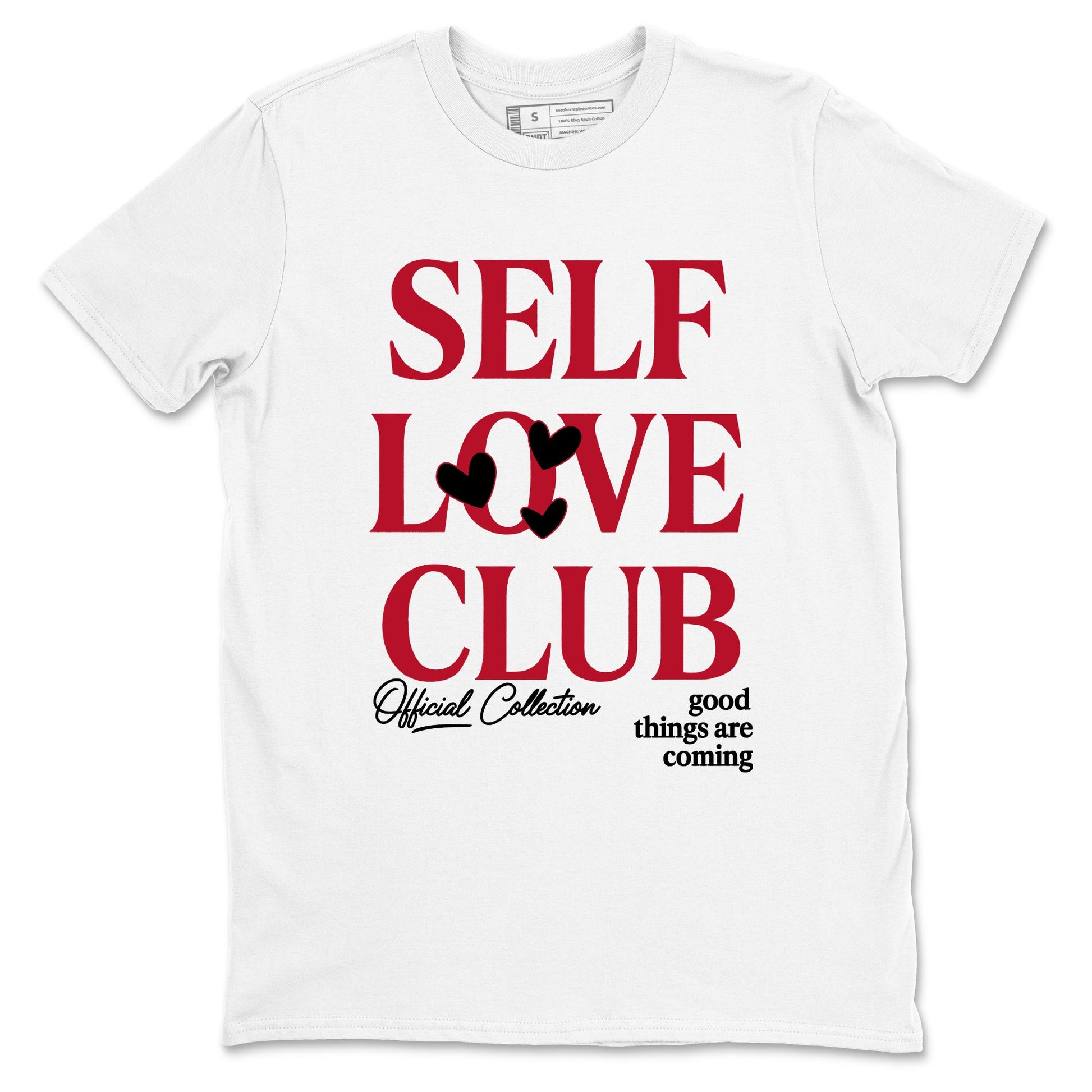 Self Love Club sneaker match t-shirt styled to complete your fit with the Air Jordan 1 Ruby sneakers, shown in White 2.