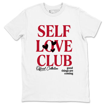 Self Love Club sneaker match t-shirt styled to complete your fit with the Air Jordan 1 Ruby sneakers, shown in White 2.