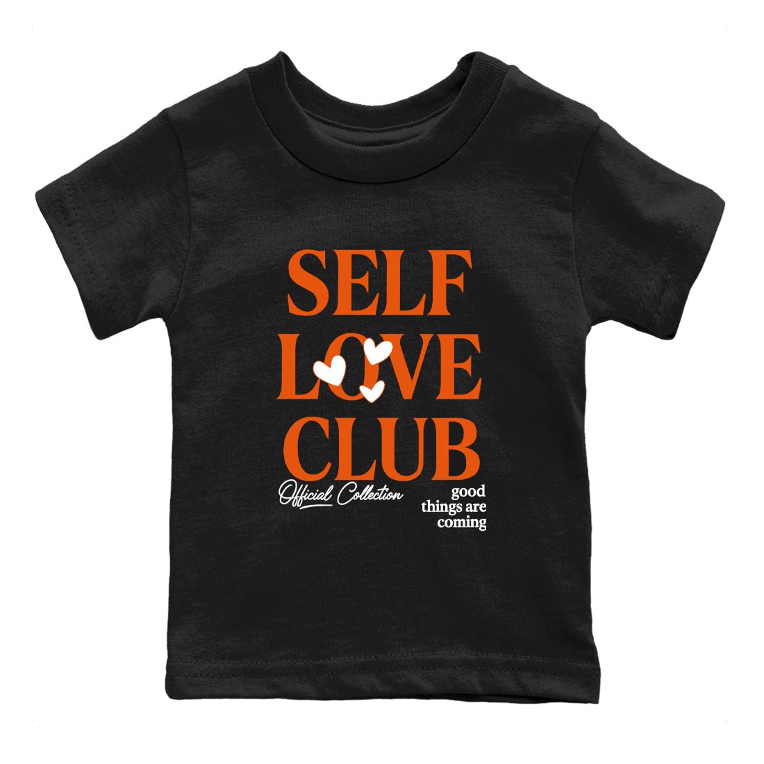 Self Love Club baby and kids t-shirt crafted for little sneakerheads to shine with the Air Jordan 1 Shattered Backboard sneakers, displayed in Black 2.
