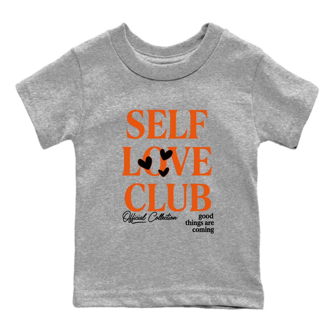 Self Love Club baby and kids t-shirt crafted for little sneakerheads to shine with the Air Jordan 1 Shattered Backboard sneakers, displayed in Heather Grey 2.