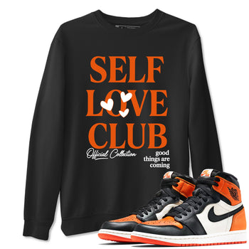Self Love Club sneaker match t-shirt styled to complete your fit with the Air Jordan 1 Shattered Backboard sneakers, shown in Black 1.